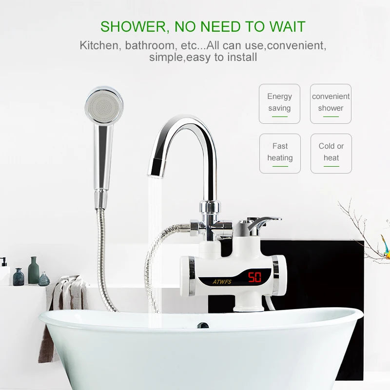 Temperature Display Instant Hot Water Tap With Shower Head Wall Fitting